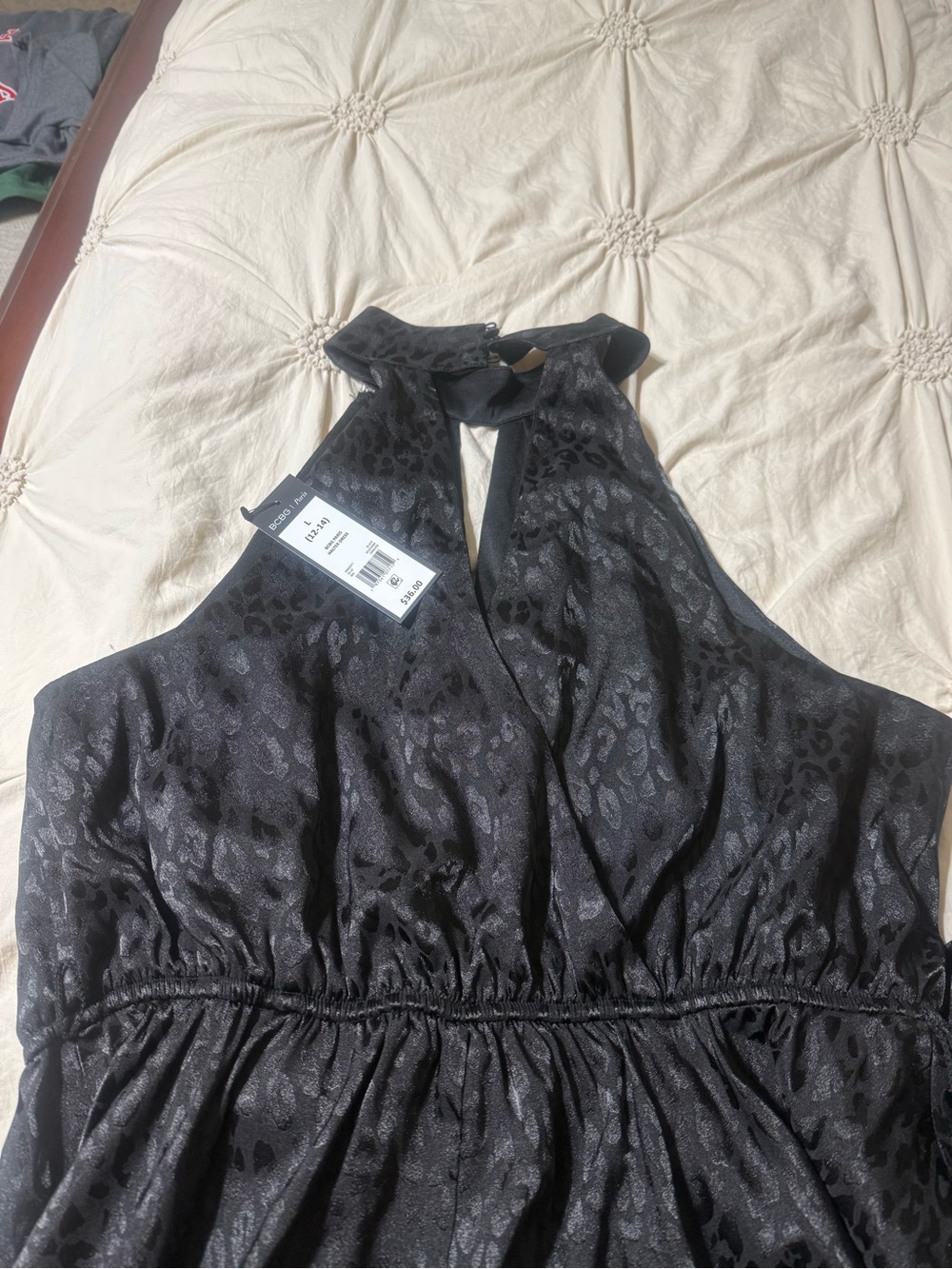 BCBG NWTBlack Halter Neck Satin Dress with Subtle leopard print